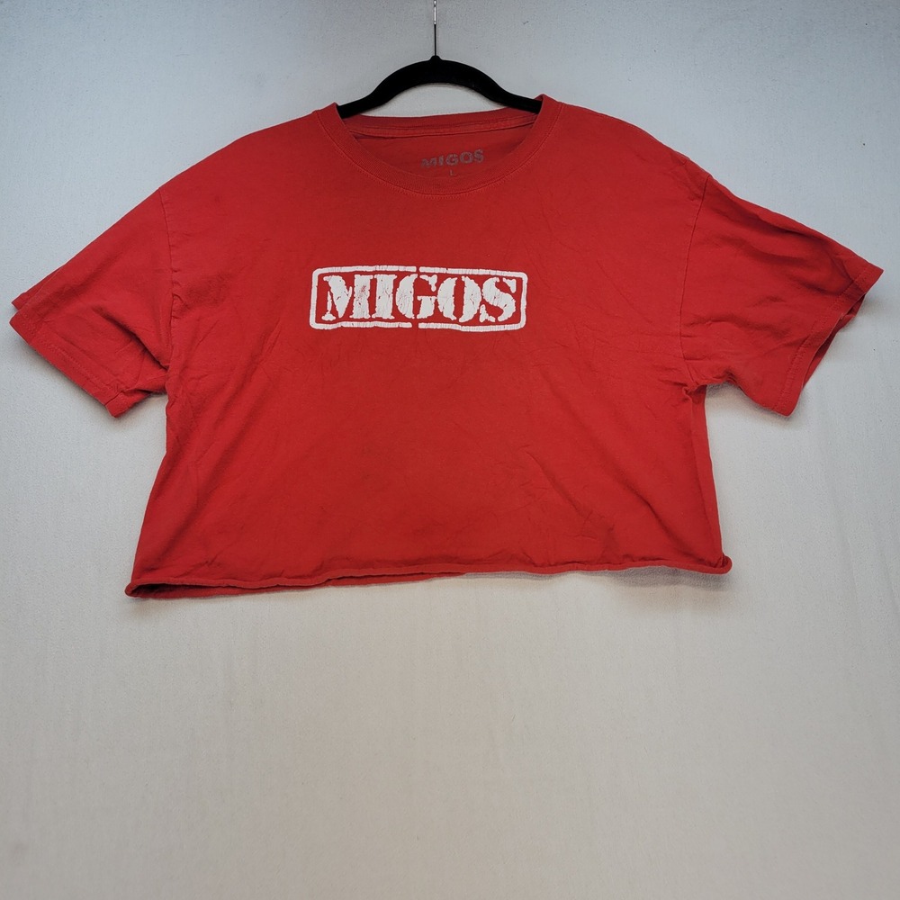Migos Graphic Crop Top Women Large Red Streetwear Band Tee Raw Hem T-Shirt